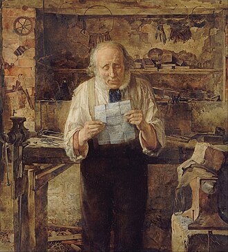 A painting that depicts someone reading a letter at a table.